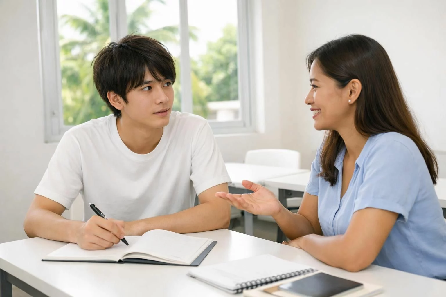 20代の日本人留学生がセブ島の語学学校でマンツーマン授業を受けている場面、フィリピン人講師が優しく話しかけ、留学生は最初は戸惑いながらも真剣に聞いている、教室内は白い机と椅子、ノートとペン、窓から南国の明るい自然光、やや斜め前からの構図、清潔感があり安心できる雰囲気、服装はシンプルなカジュアル、ロゴ・文字・透かしなし