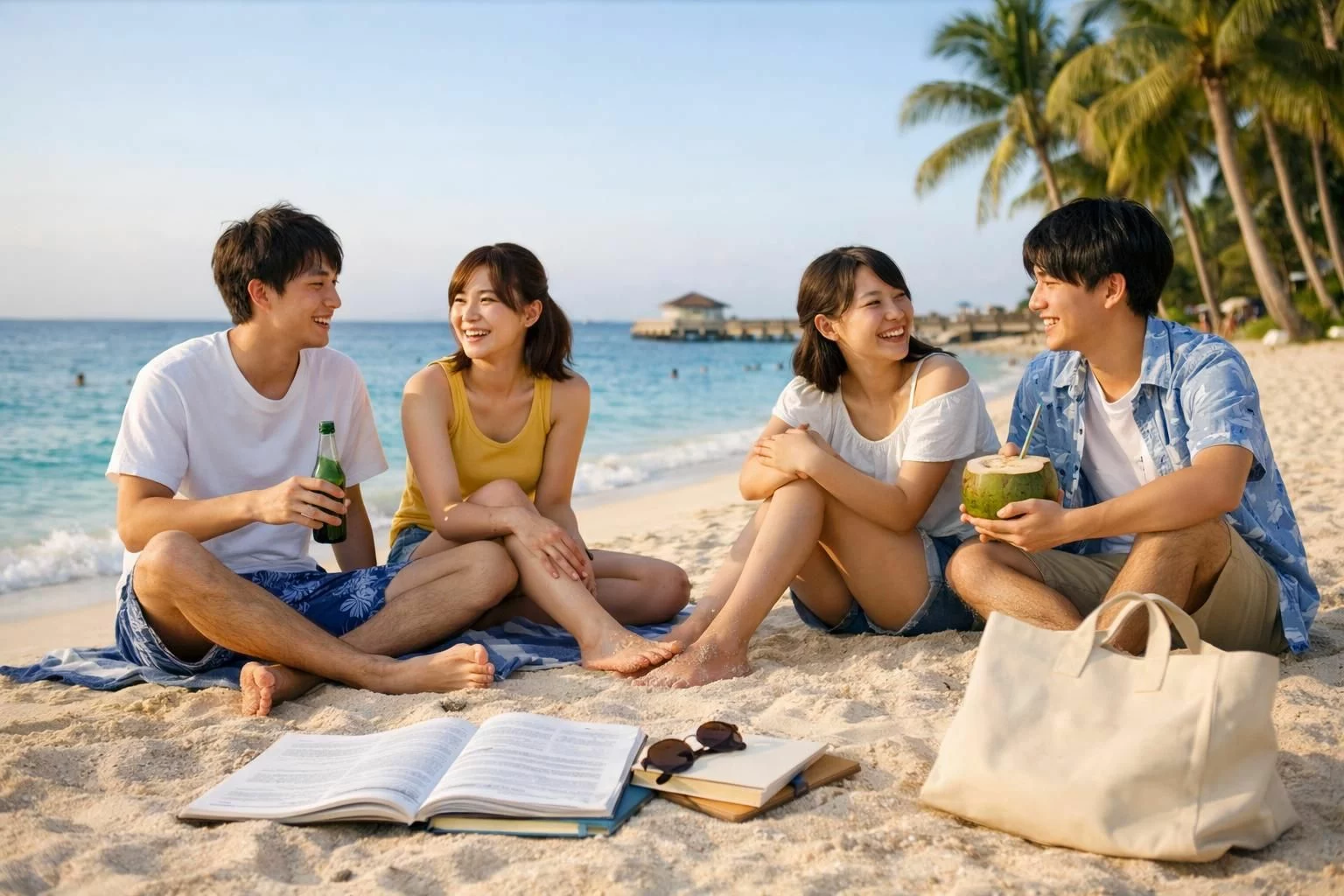 20代の日本人留学生男女がフィリピン・セブ島の語学学校近くのビーチで週末にリラックスしている様子、青い海と白い砂浜、手前に英語のテキストとトートバッグ、奥にヤシの木、夕方前のやわらかい自然光、爽やかで前向きな雰囲気、夏らしいカジュアルな服装、広めの横構図、観光ではなく留学中の息抜きが伝わる写真風、ロゴや文字なし