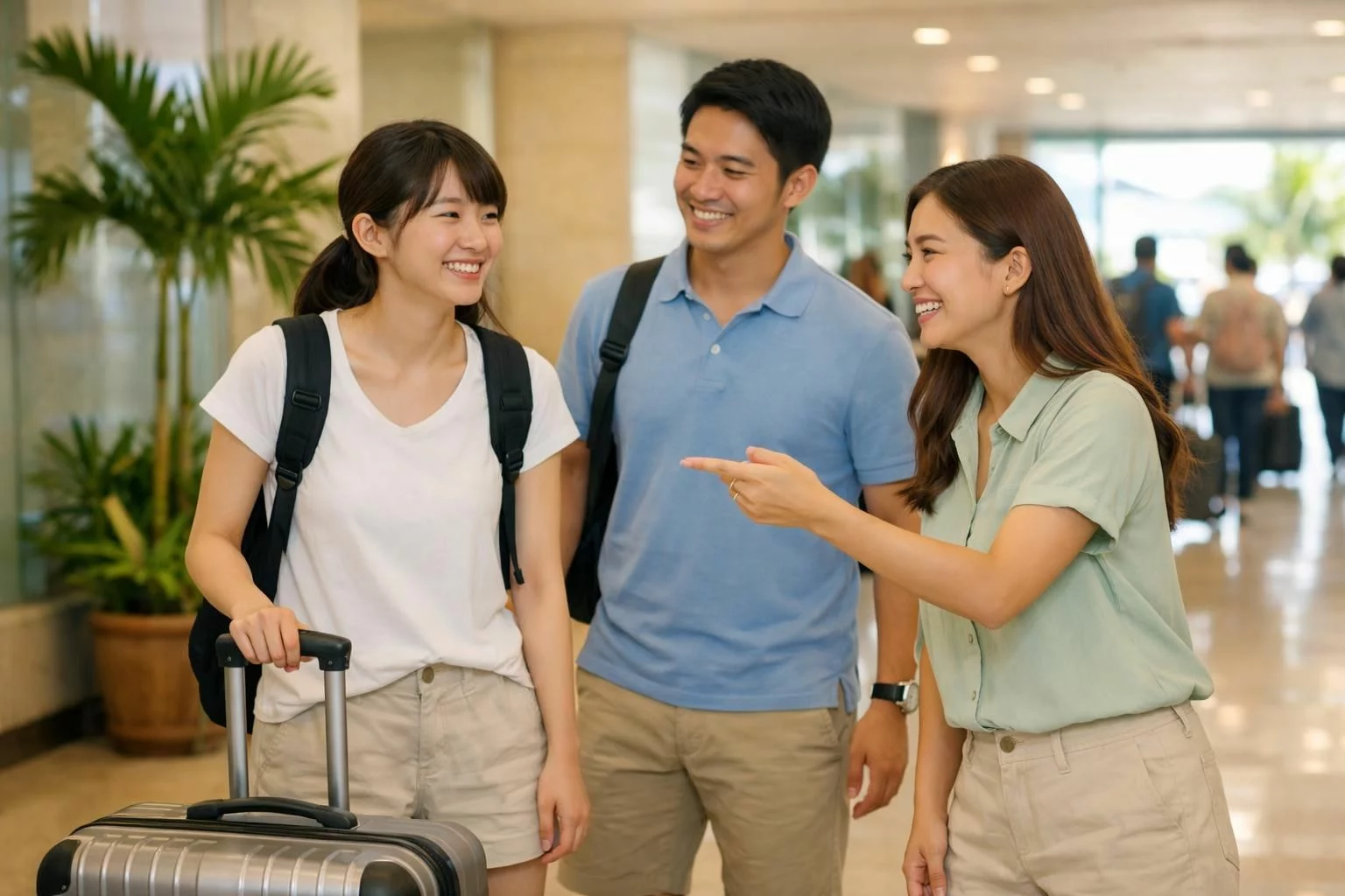 20代の日本人留学生が、フィリピン・セブの空港到着後に語学学校スタッフと合流している場面。空港の到着エリア、スーツケースを持った学生、笑顔で案内するスタッフ、南国らしい明るい空気感。中景構図、自然な室内光、清潔感があり安心できる雰囲気。服装は軽めのカジュアル、ロゴや文字は見えないようにする。