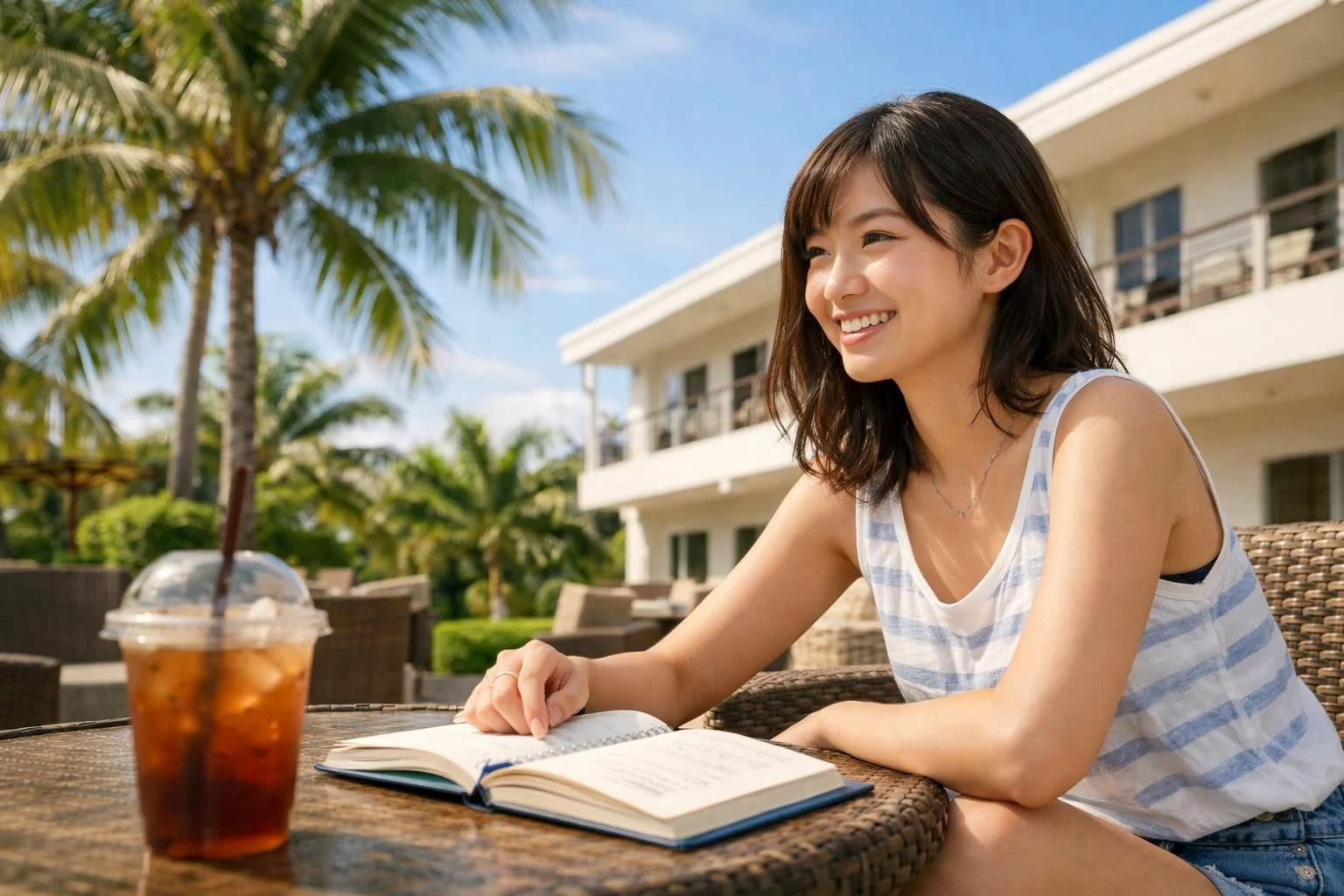 20代の日本人留学生が、セブ島の語学学校の屋外ラウンジで英語のノートを開きながら休憩している様子。背景にヤシの木、白い校舎、青い空。手前にアイスドリンク、自然な笑顔でリラックスした表情。服装は夏らしいカジュアルウェア。斜め横からの構図で、勉強と南国の開放感が同時に伝わるようにする。午後のやわらかい日差し、爽やかで落ち着いた雰囲気。ロゴや文字は入れない。