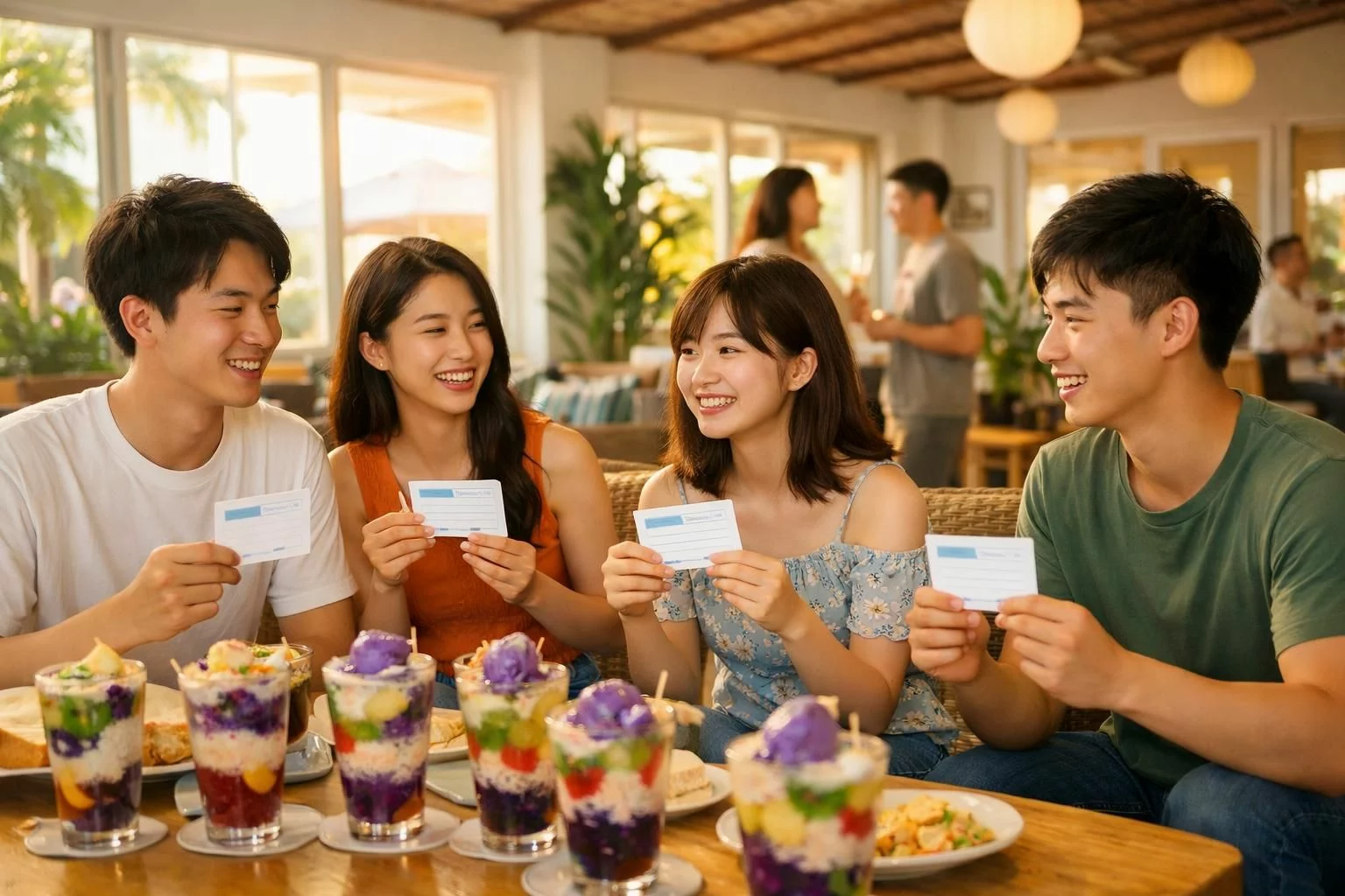 20代前半の日本人留学生男女と韓国人・中国人留学生がセブ島の語学学校内の明るいラウンジでウェルカムパーティーに参加している場面、テーブルにはハロハロが並び、自己紹介カードを手に笑顔で会話している、やや広角の横構図、夕方の柔らかい室内光、南国らしい開放感、カジュアルな夏服、自然体で親しみやすい雰囲気、ロゴや文字表示なし