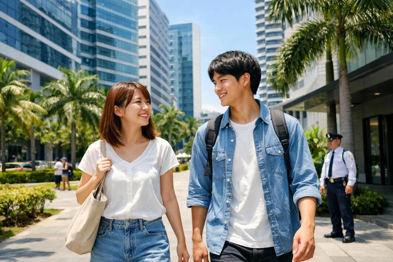 20代前半の日本人留学生の男女がフィリピン・セブ島のITパーク周辺を昼間に歩いている様子、背景に近代的なビルと緑のある歩道、建物入口にガードマンが立っている、広角の自然なスナップ構図、南国の明るい日差し、清潔感のあるカジュアル服、安心して留学生活を送る雰囲気、ロゴや看板文字は目立たせない、リアルで落ち着いた描写