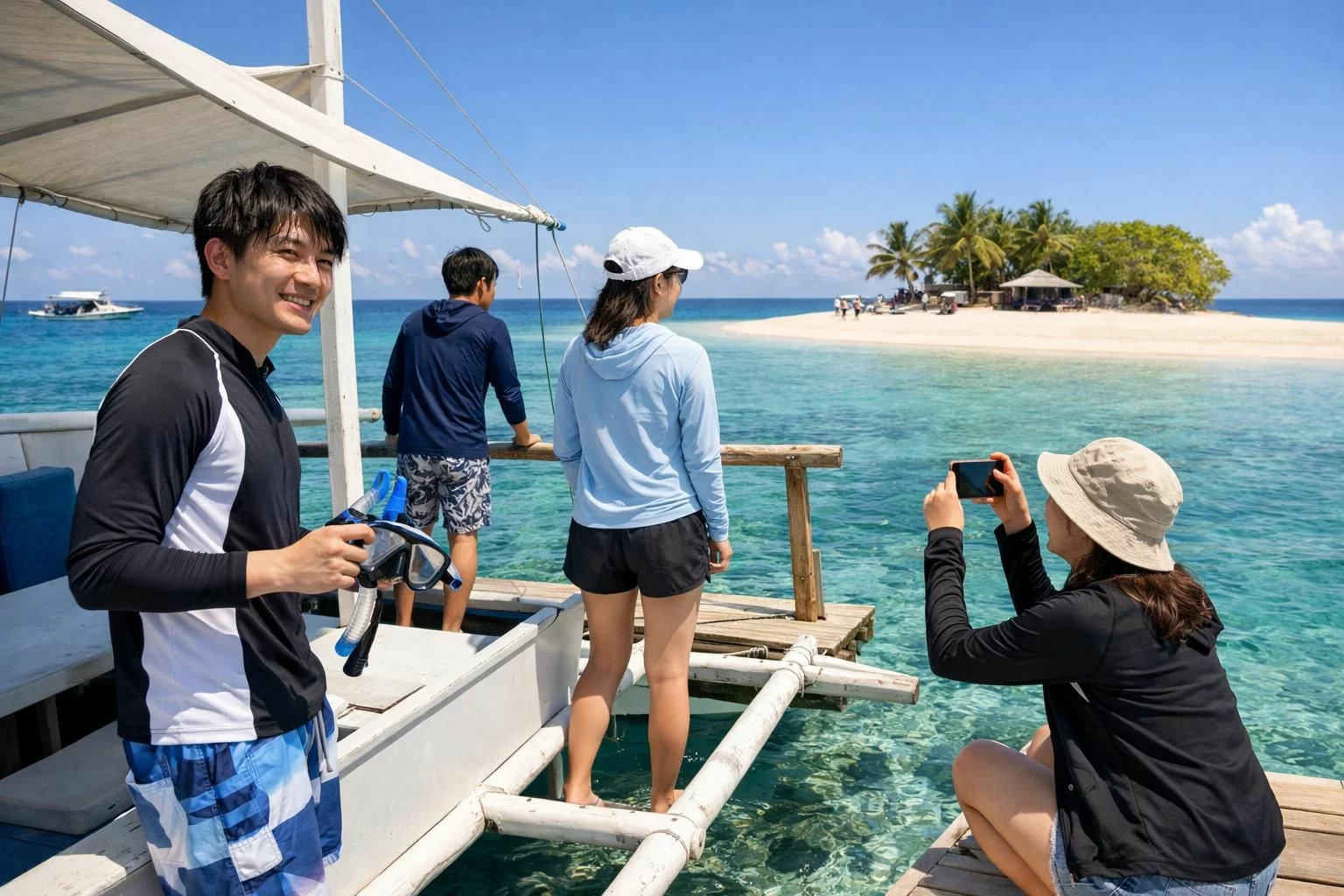 20代前半の日本人留学生グループがセブ島のアイランドホッピングを楽しんでいる様子、透明度の高い海の上の小型ボートと白い砂浜の離島、1人はシュノーケリングマスクを手に持ち1人は桟橋で海を見て1人は写真を撮っている、夏らしいラッシュガードと帽子、強い日差しの昼間、青空、開放感がありつつリアルな留学中の休日、横長構図、ロゴや文字なし