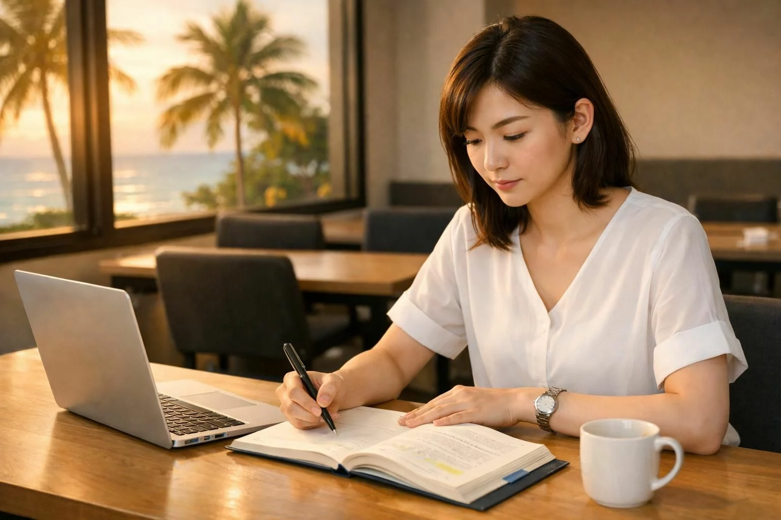 20代後半から30代前半の日本人社会人女性が、セブ島の語学学校の自習スペースで英語の復習をしている場面。机の上にノート、参考書、ノートパソコン、コーヒー。窓の外に南国の海とヤシの木が少し見える。斜め前からの構図、夕方のやわらかい自然光、落ち着いた真剣な表情。服装はシンプルなオフィスカジュアル。清潔感があり、静かで前向きな雰囲気。ロゴ、文字、透かしなし。