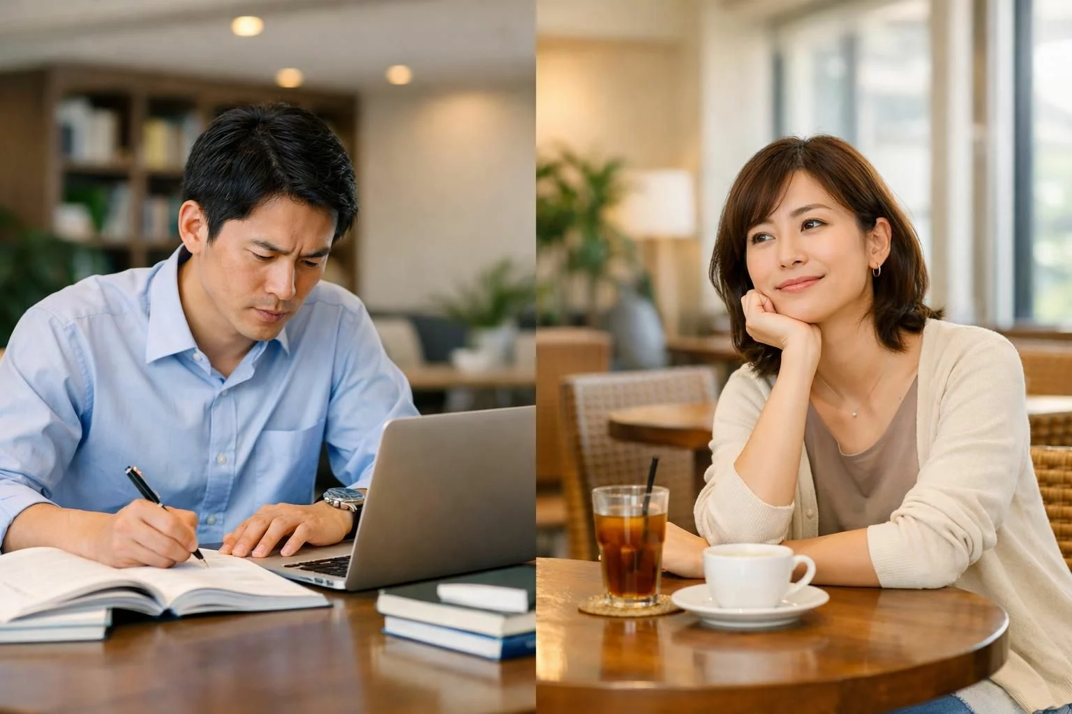 20代後半から40代の日本人社会人男女がセブ島の語学学校を比較して悩んでいる様子、屋内の明るいラウンジ、片方は教材とノートPCで集中モード、もう片方はゆったりした表情でカフェ風スペースに座る、対比が伝わる横構図、自然光、清潔感のある服装、落ち着いた雰囲気、ロゴや文字なし