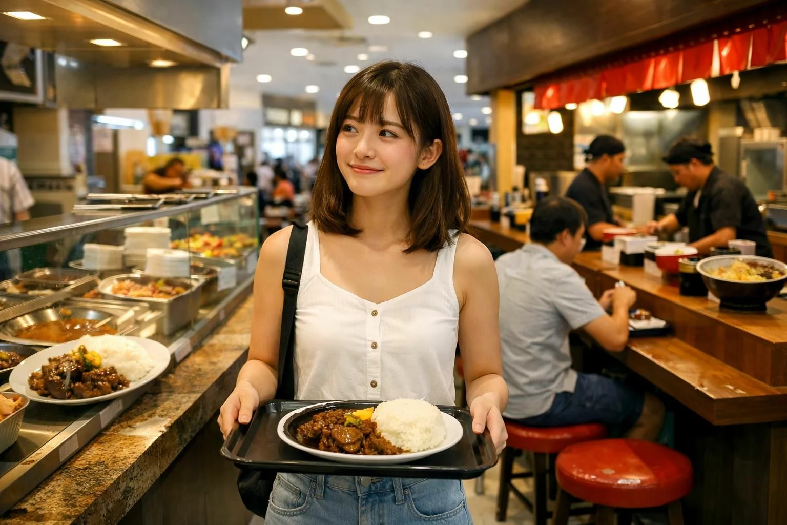 セブ島のショッピングモール内フードコートで、20代前半の日本人女性留学生がトレーを持ちながらフィリピン料理と日本食の店を見比べている様子、周囲には清潔感のある飲食店、アドボやご飯のプレート、ラーメン店風のカウンターが見える、明るい室内照明、初めての海外でも安心できる雰囲気、カジュアルな夏服、自然なスナップ風構図、人物は親しみやすい表情、ロゴや文字なし