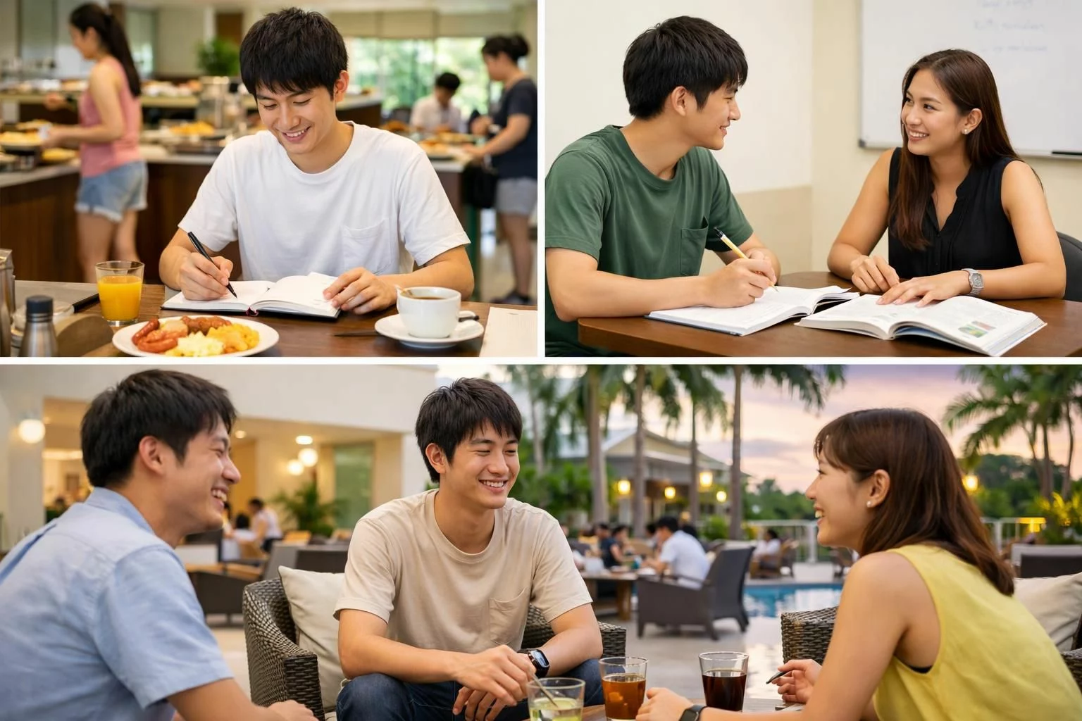 20代の日本人留学生がセブ島の語学学校で平日を過ごしている様子。朝の学生寮の食堂でビュッフェの朝食を取り、ノートを見ながら準備する場面。別カットで明るい教室でフィリピン人講師とマンツーマン授業を受け、真剣に英会話をしている。さらに夕方のラウンジで友人同士が談笑している。清潔感のある校内、南国の自然光、カジュアルな服装、前向きでリアルな留学生活の雰囲気。文字やロゴなし。