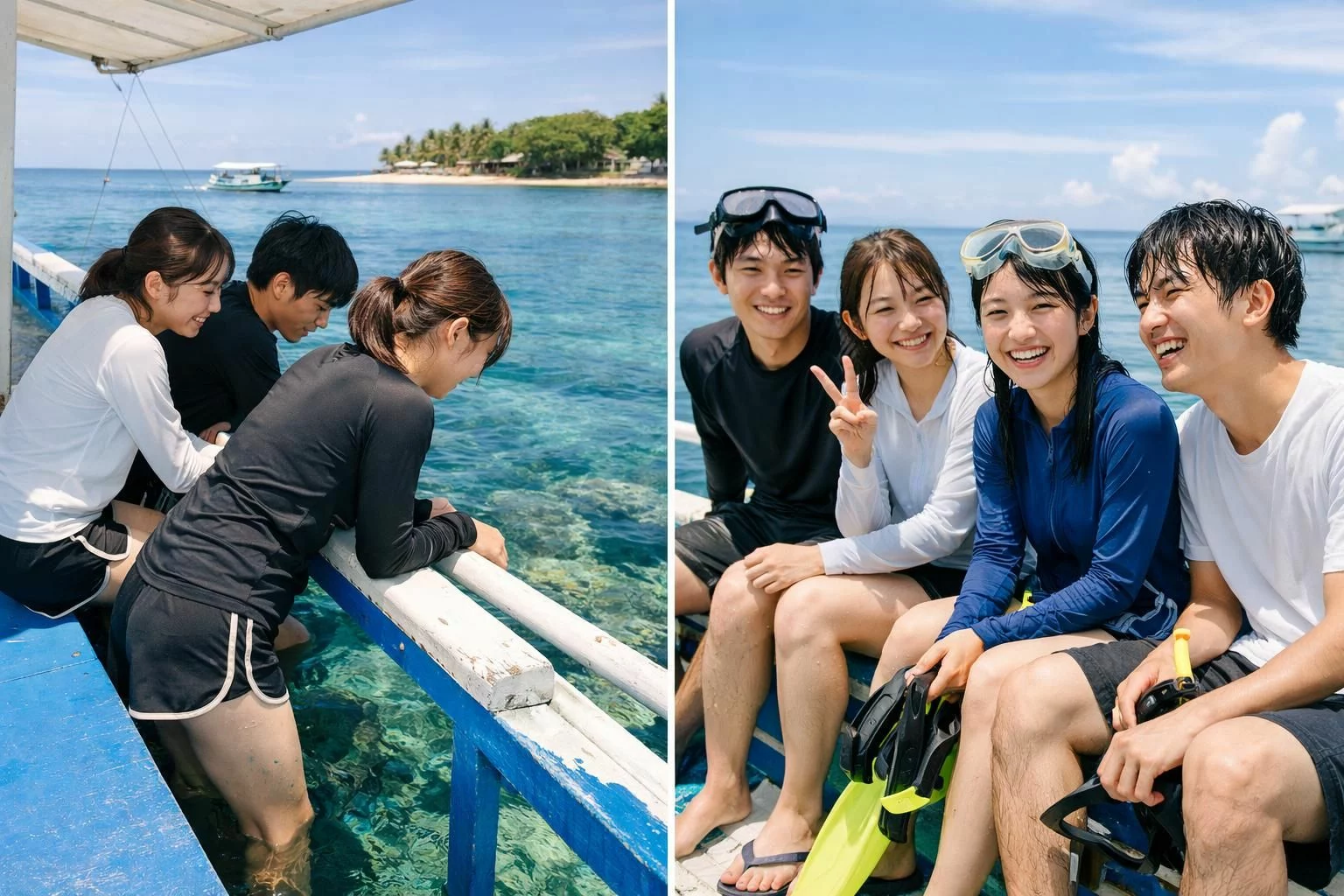 セブ島の休日を楽しむ20代の日本人留学生2〜4人。透明度の高い海でアイランドホッピングをしており、小型ボートの上から海を眺める場面と、シュノーケリング後に笑顔でくつろぐ様子。南国の強すぎない自然光、青い海と空、爽やかで開放的な雰囲気。服装はラッシュガードやTシャツ、短パンなど控えめで実用的。観光ポスター風ではなく、リアルな留学中の休日として自然な描写。文字、ロゴなし。